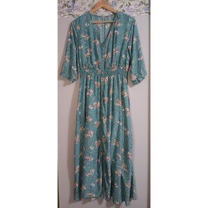 Blue Green XL Floral Button Down Casual Occasion Church Cottage Midi Dress